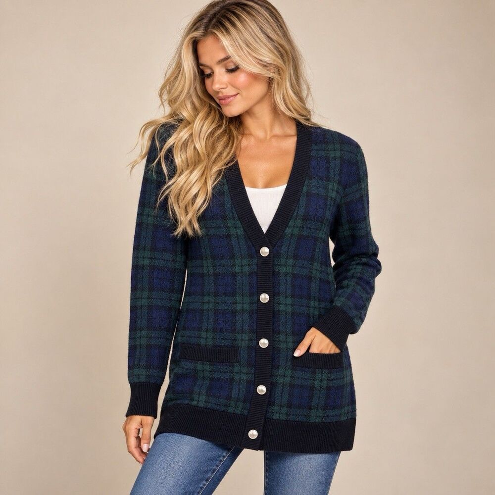 Brooks Brothers Womens M Cardigan Tartan Plaid Merino Wool Blend Button Front